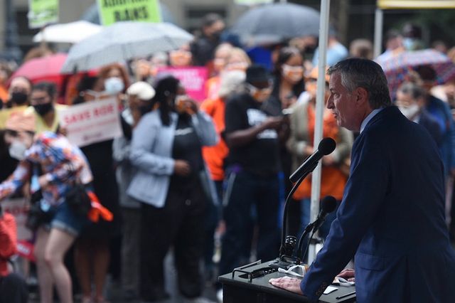 Mayor de Blasio delivers remarks at a Planned Parenthood rally outside Borough Hall on September 9th, 2021.